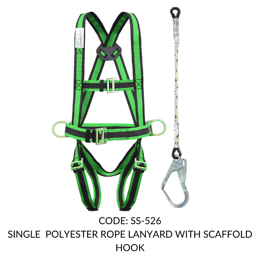 FULL BODY HARNESS FOR BASIC FALL ARREST CLASS P WITH 2 LATERAL  D RING WITH 1.8M SINGLE POLYESTER ROPE LANYARD WITH SCAFFOLD HOOK