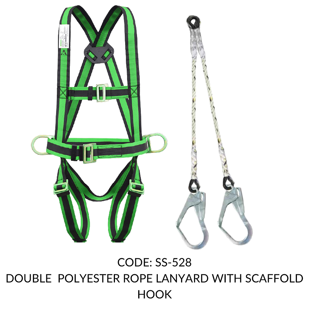 FULL BODY HARNESS FOR BASIC FALL ARREST CLASS P WITH 2 LATERAL D RING WITH 1.8M DOUBLE POLYESTER ROPE LANYARD WITH SCAFFOLD HOOK